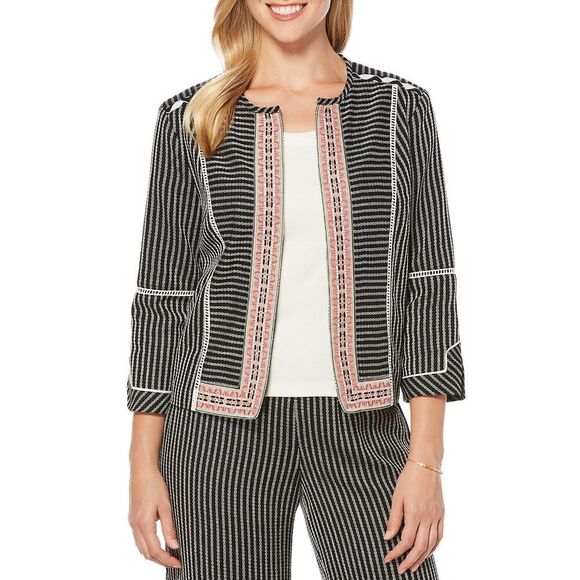 New! RAFAELLA Women's Textured Embroidered Black Striped Jacket Blazer Medium - Picture 3 of 4